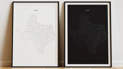 Texas Counties Map Printable Wall Art, Labeled County Map, Light & Dark Styles