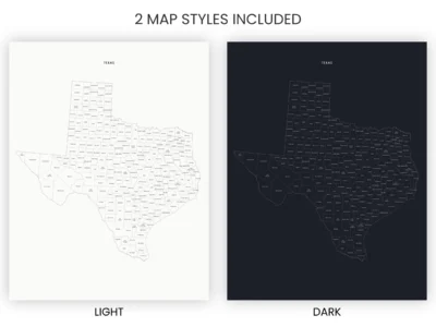 Texas Counties Map Printable, Labeled County Map, Light & Dark Styles