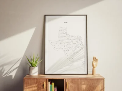Texas Counties Map Printable Wall Art, Labeled County Map, Light & Dark Styles
