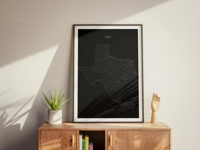 Texas Counties Map Printable Wall Art, Labeled County Map, Light & Dark Styles