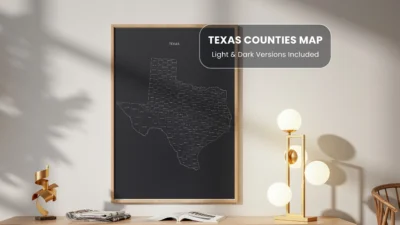 Texas Counties Map Printable Wall Art, Labeled County Map, Light & Dark Styles