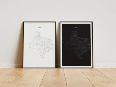 Texas Counties Map Printable Wall Art, Labeled County Map, Light & Dark Styles