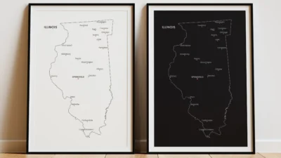 Illinois Cities Map Printable Wall Art, Labeled City Map, Light & Dark Styles
