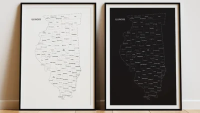 Illinois Counties Map Printable Wall Art, Labeled County Map, Light & Dark Styles