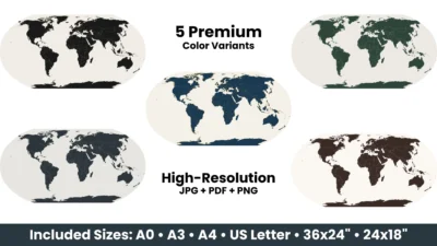 Minimalist World Map Printable (5 Color Variants) | Modern Wall Art Poster | Country Borders
