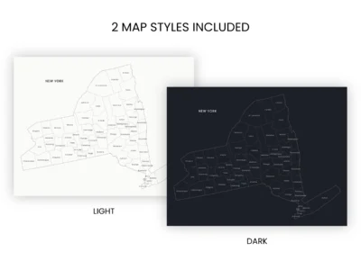 New York Counties Map Printable, Labeled County Map, Light & Dark Styles