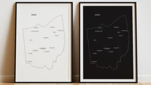 ohio-cities-map-printable-light-dark-frame Ohio Cities Map Printable Wall Art, Labeled City Map, Light & Dark Styles
