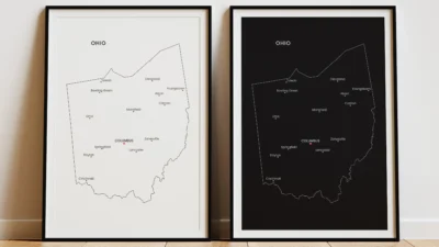 Ohio Cities Map Printable Wall Art, Labeled City Map, Light & Dark Styles
