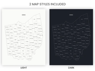 ohio-counties-map-printable-light-dark-included-map-styles-info Ohio Counties Map Printable, Labeled County Map, Light & Dark Styles
