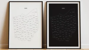 ohio-counties-map-printable-light-dark-styles-frame Ohio Counties Map Printable Wall Art, Labeled County Map, Light & Dark Styles
