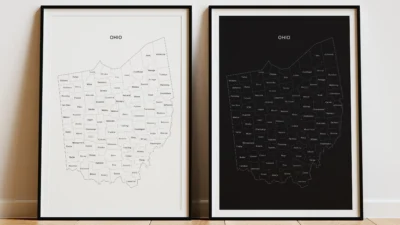 Ohio Counties Map Printable Wall Art, Labeled County Map, Light & Dark Styles