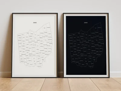 ohio-counties-map-printable-light-dark-styles-frame Ohio Counties Map Printable, Labeled County Map, Light & Dark Styles