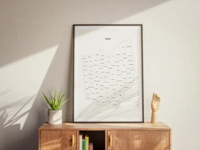 Ohio Counties Map Printable Wall Art, Labeled County Map, Light & Dark Styles