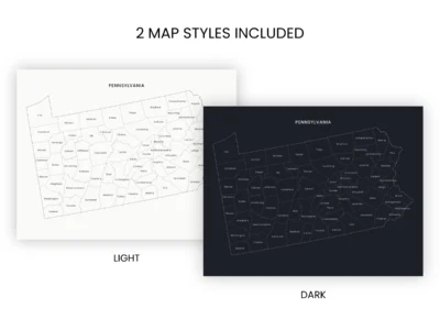 Pennsylvania Counties Map Printable, Labeled County Map, Light & Dark Styles