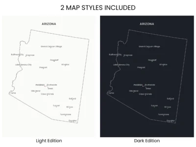 Arizona Cities Map Printable Wall Art, Labeled City Map, Light & Dark Styles