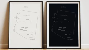 arizona-cities-map-printable-light-dark-styles-frame Arizona Cities Map Printable Wall Art, Labeled City Map, Light & Dark Styles