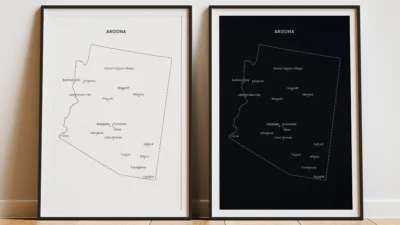 Arizona Cities Map Printable Wall Art, Labeled City Map, Light & Dark Styles