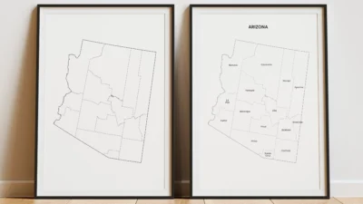 arizona-counties-map-printable-blank-labeled-frame Arizona Counties Map Printable, Blank & Labeled, Geography Worksheet