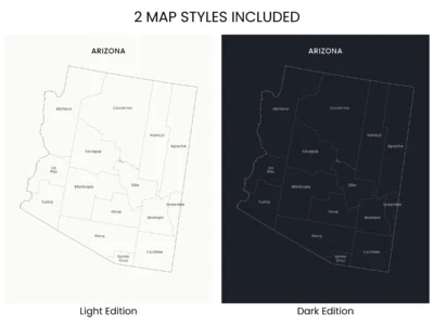 Arizona Counties Map Printable Wall Art, Labeled County Map, Light & Dark Styles