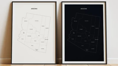 Arizona Counties Map Printable Wall Art, Labeled County Map, Light & Dark Styles
