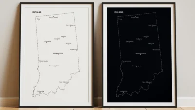 Indiana Cities Map Printable, Labeled City Map, Light & Dark Styles