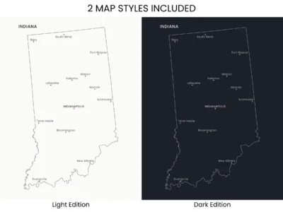Indiana Cities Map Printable, Labeled City Map, Light & Dark Styles