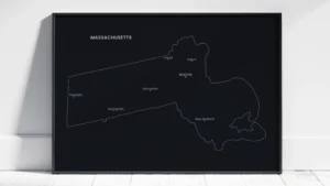 massachusetts-cities-map-printable-dark-style-black-frame Massachusetts Cities Map Printable Wall Art, Labeled City Map, Light & Dark Styles
