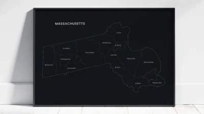 Massachusetts Counties Map Printable Wall Art, Labeled County Map, Light & Dark Styles