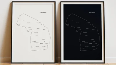 Michigan Cities Map Printable Wall Art, Labeled City Map, Light & Dark Styles