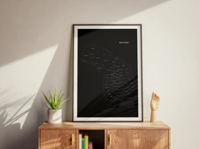 michigan-counties-map-printable-dark-study-table-frame Michigan Counties Map Printable Wall Art, Labeled County Map, Light & Dark Styles