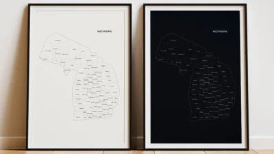 michigan-counties-map-printable-light-dark-frame Michigan Counties Map Printable Wall Art, Labeled County Map, Light & Dark Styles