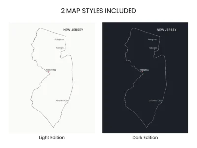 New Jersey Cities Map Printable Wall Art, Labeled City Map, Light & Dark Styles
