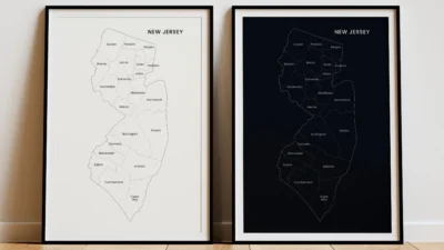 New Jersey Counties Map Printable Wall Art, Labeled County Map, Light & Dark Styles
