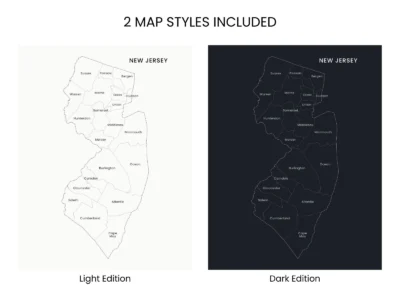 New Jersey Counties Map Printable Wall Art, Labeled County Map, Light & Dark Styles