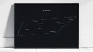tennessee-cities-map-printable-dark-style-black-frame Tennessee Cities Map Printable Wall Art, Labeled City Map, Light & Dark Styles