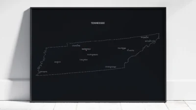 tennessee-cities-map-printable-dark-style-black-frame Tennessee Cities Map Printable Wall Art, Labeled City Map, Light & Dark Styles