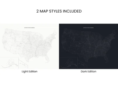 USA Counties Map Printable | Labeled County Map | Light & Dark Styles | Wall Art