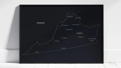 virginia-cities-map-printable-dark-black-frame Virginia Cities Map Printable Wall Art, Labeled City Map, Light & Dark Styles