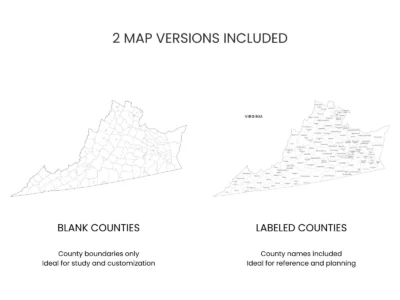 virginia-counties-map-printable-blank-labeled-included-map-versions-info Virginia Counties Map Printable, Blank & Labeled, Geography Worksheet