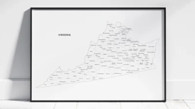 virginia-counties-map-printable-labeled-frame Virginia Counties Map Printable, Blank & Labeled, Geography Worksheet