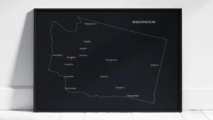 washington-cities-map-printable-dark-style-frame Washington Cities Map Printable Wall Art, Labeled City Map, Light & Dark Styles
