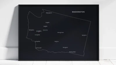 Washington Cities Map Printable Wall Art, Labeled City Map, Light & Dark Styles