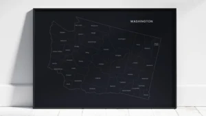 washington-counties-map-printable-dark-style-black-frame Washington Counties Map Printable Wall Art, Labeled County Map, Light & Dark Styles