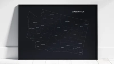Washington Counties Map Printable Wall Art, Labeled County Map, Light & Dark Styles