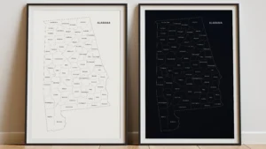 alabama-counties-map-printable-light-dark-black-frame Alabama Counties Map Printable, Labeled County Map, Light & Dark Styles