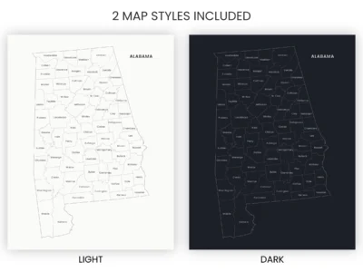 alabama-counties-map-printable-light-dark-included-map-styles-info Alabama Counties Map Printable, Labeled County Map, Light & Dark Styles