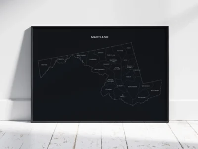 maryland-counties-map-printable-dark-black-frame Maryland Counties Map Printable, Labeled County Map, Light & Dark Styles