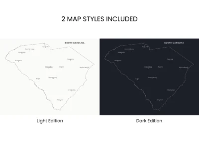 South Carolina Cities Map Printable, Labeled City Map, Light & Dark Styles