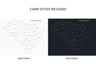 South Carolina Counties Map Printable, Labeled County Map, Light & Dark Styles