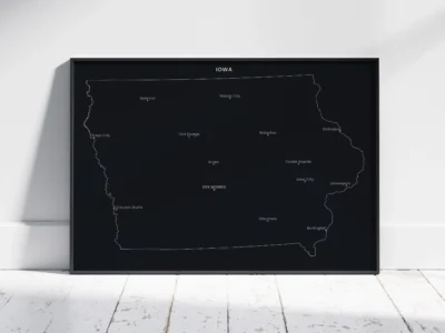 Iowa-cities-map-printable-dark-black-frame Iowa Cities Map Printable, Labeled City Map, Light & Dark Styles